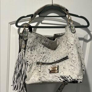 Black and White Artistic Shoulder Bag with Fringe